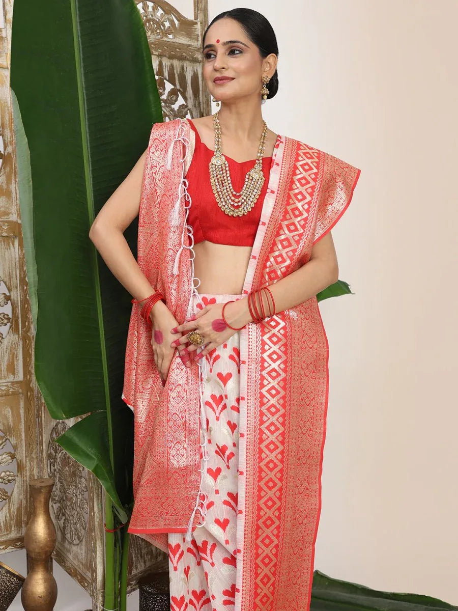 White Linen Cotton Saree With Blouse Piece - EZBER