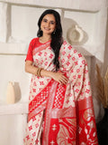 White Linen Cotton Saree With Blouse Piece - EZBER