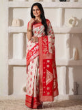 White Linen Cotton Saree With Blouse Piece - EZBER