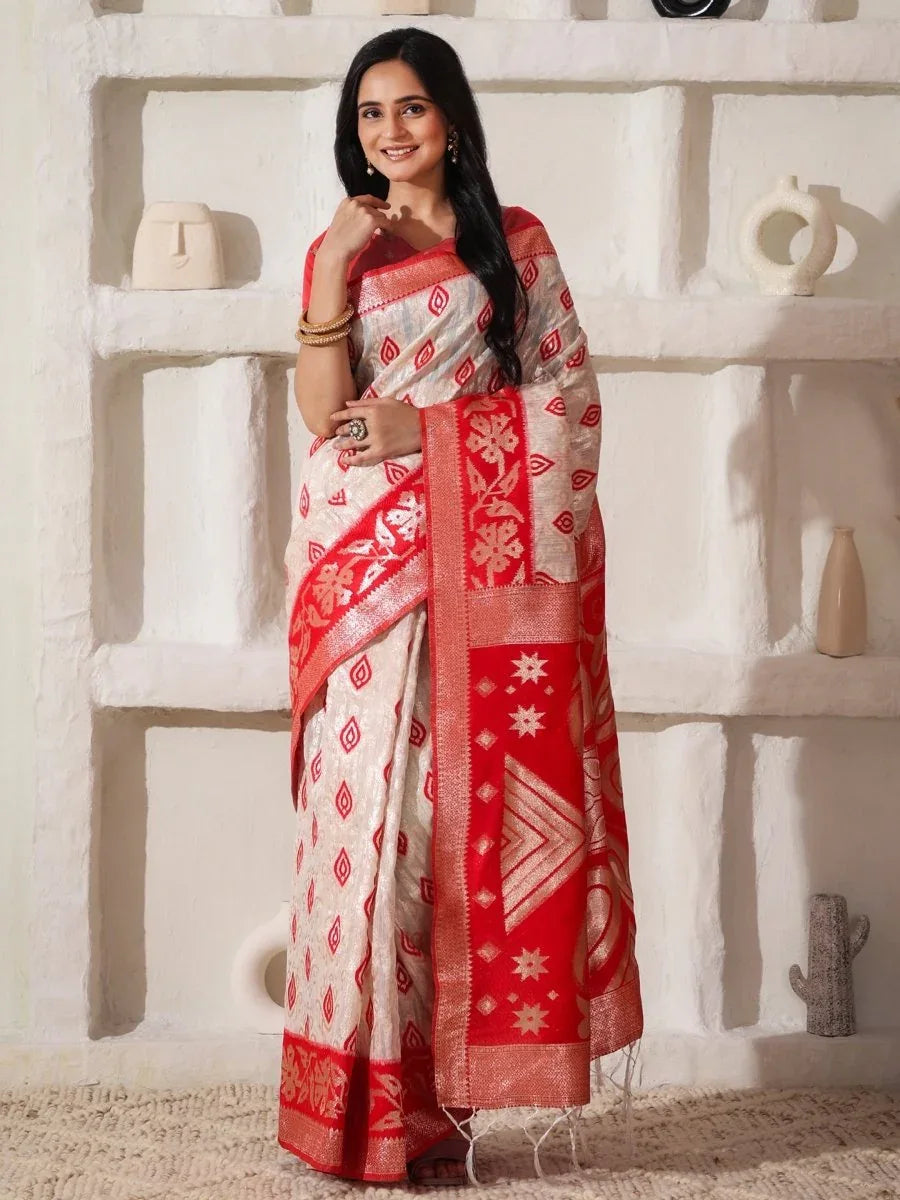 White Linen Cotton Saree With Blouse Piece - EZBER