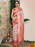 White Linen Cotton Saree With Blouse Piece - EZBER