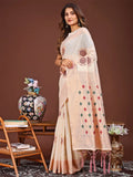 White Linen Cotton Saree With Blouse Piece - EZBER