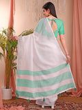 White Linen Cotton Saree With Blouse Piece - EZBER