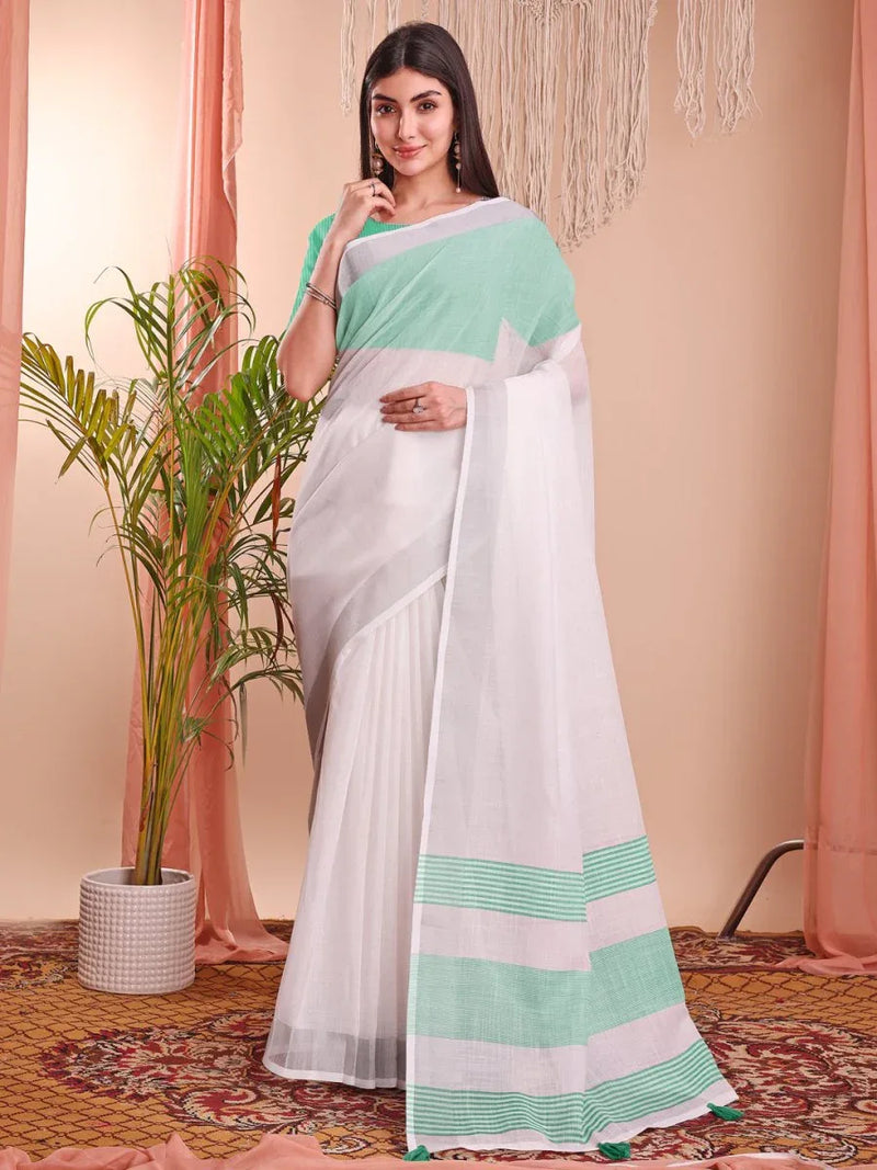White Linen Cotton Saree With Blouse Piece - EZBER