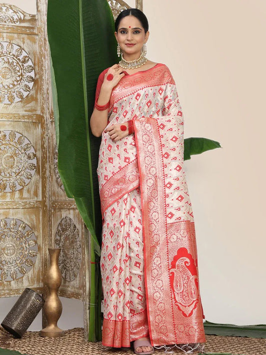White Linen Cotton Saree With Blouse Piece - EZBER