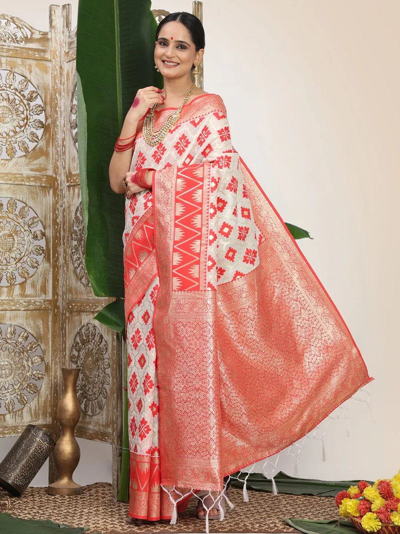 White Linen Cotton Saree With Blouse Piece - EZBER