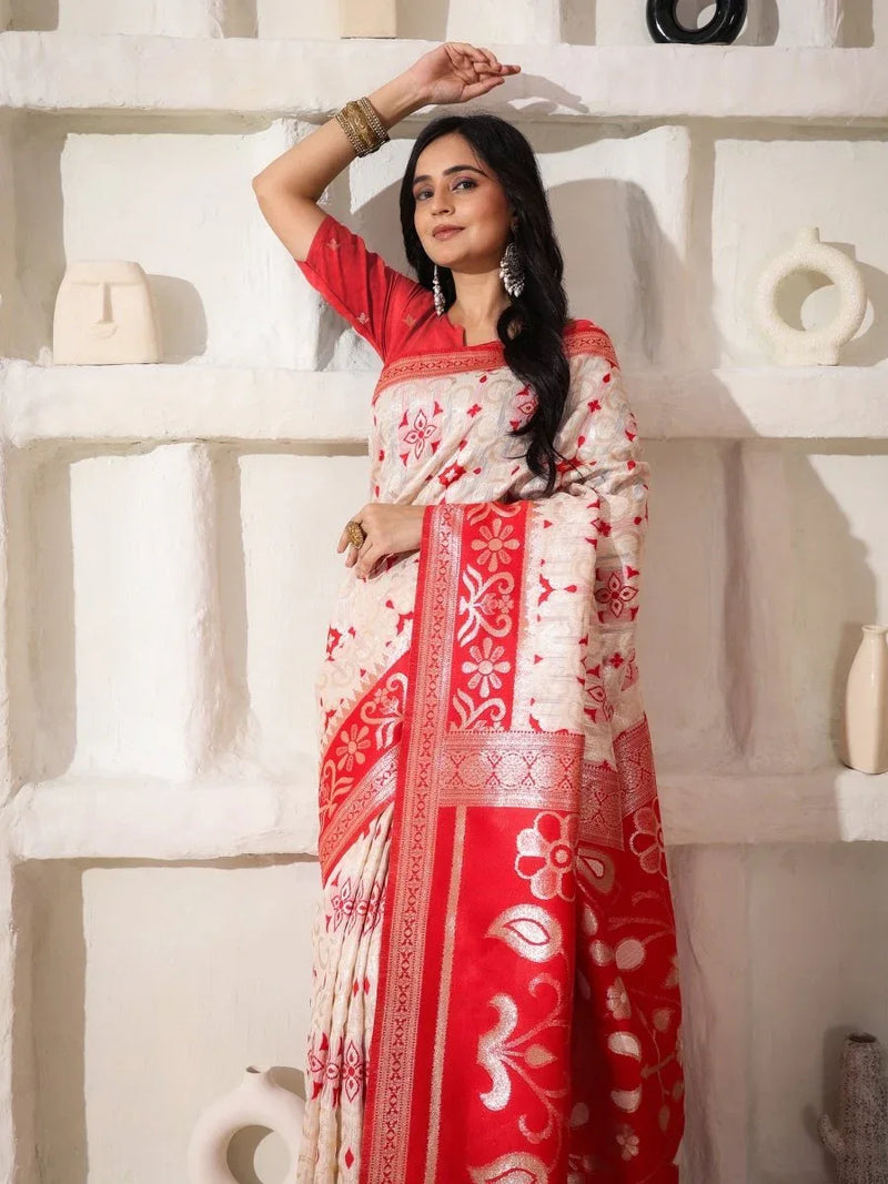 White Linen Cotton Saree With Blouse Piece - EZBER