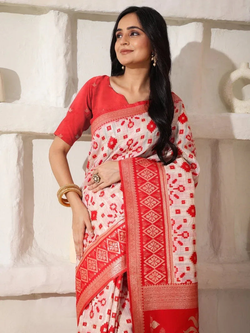 White Linen Cotton Saree With Blouse Piece - EZBER