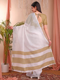 White Linen Cotton Saree With Blouse Piece - EZBER