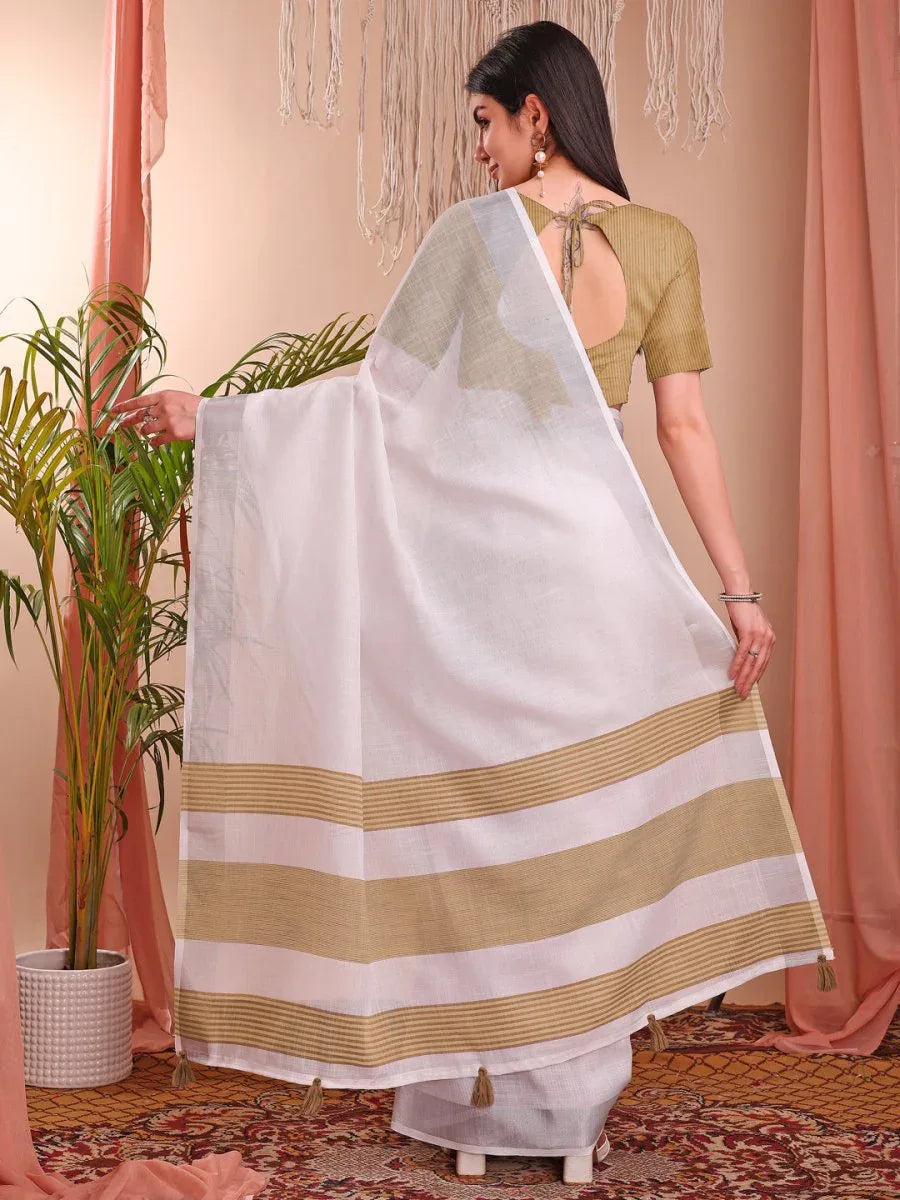 White Linen Cotton Saree With Blouse Piece - EZBER