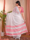 White Linen Cotton Saree With Blouse Piece - EZBER