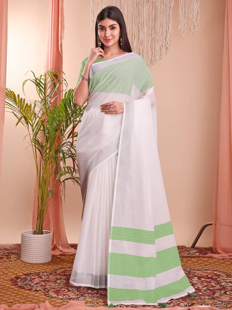 White Linen Cotton Saree With Blouse Piece - EZBER