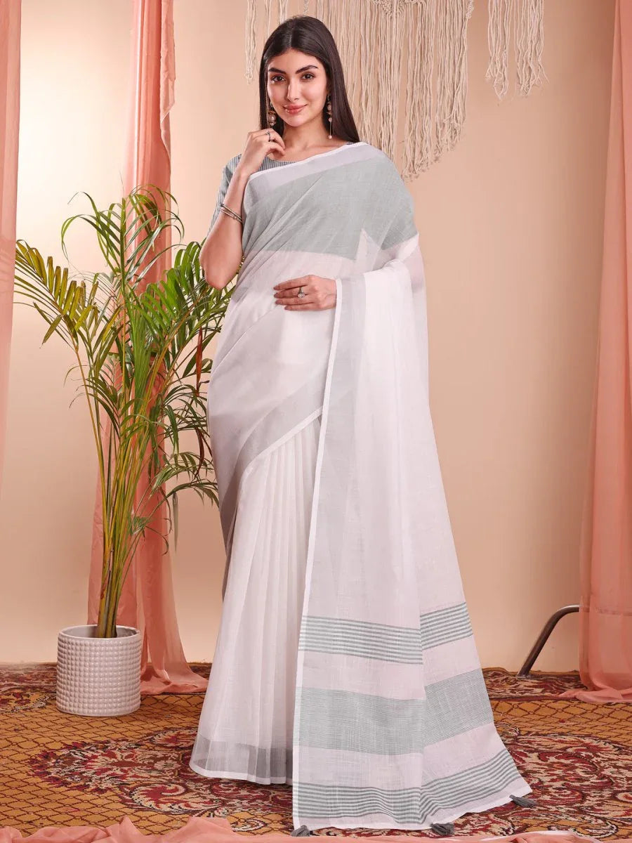 White Linen Cotton Saree With Blouse Piece - EZBER