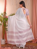 White Linen Cotton Saree With Blouse Piece - EZBER