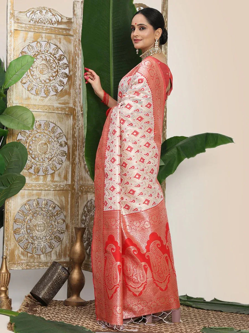 White Linen Cotton Saree With Blouse Piece - EZBER