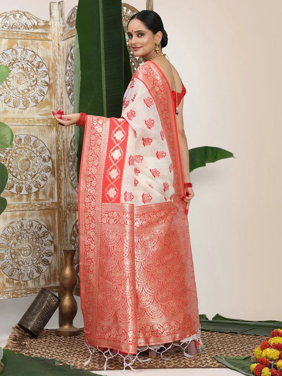 White Linen Cotton Saree With Blouse Piece - EZBER