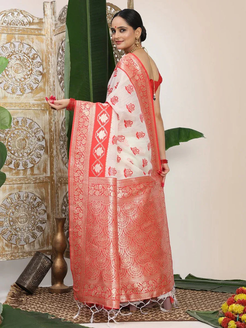 White Linen Cotton Saree With Blouse Piece - EZBER