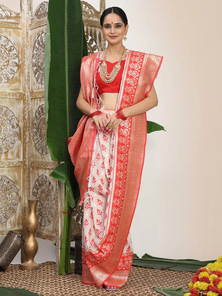 White Linen Cotton Saree With Blouse Piece - EZBER