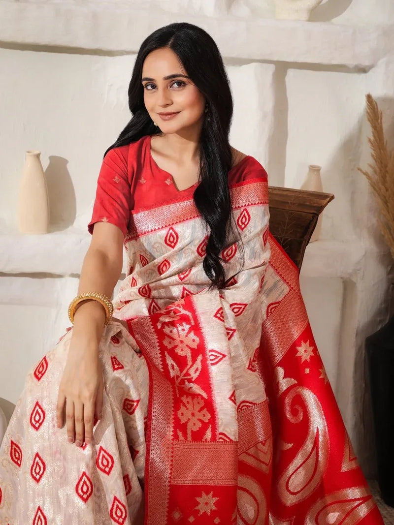 White Linen Cotton Saree With Blouse Piece - EZBER
