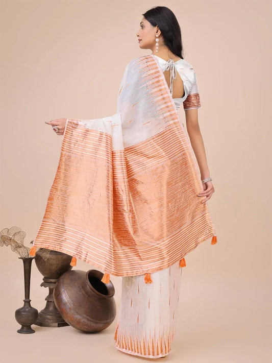 White Linen Cotton Saree With Blouse Piece - EZBER
