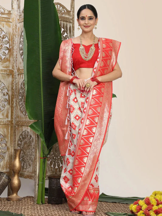 White Linen Cotton Saree With Blouse Piece - EZBER