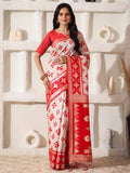 White Linen Cotton Saree With Blouse Piece - EZBER