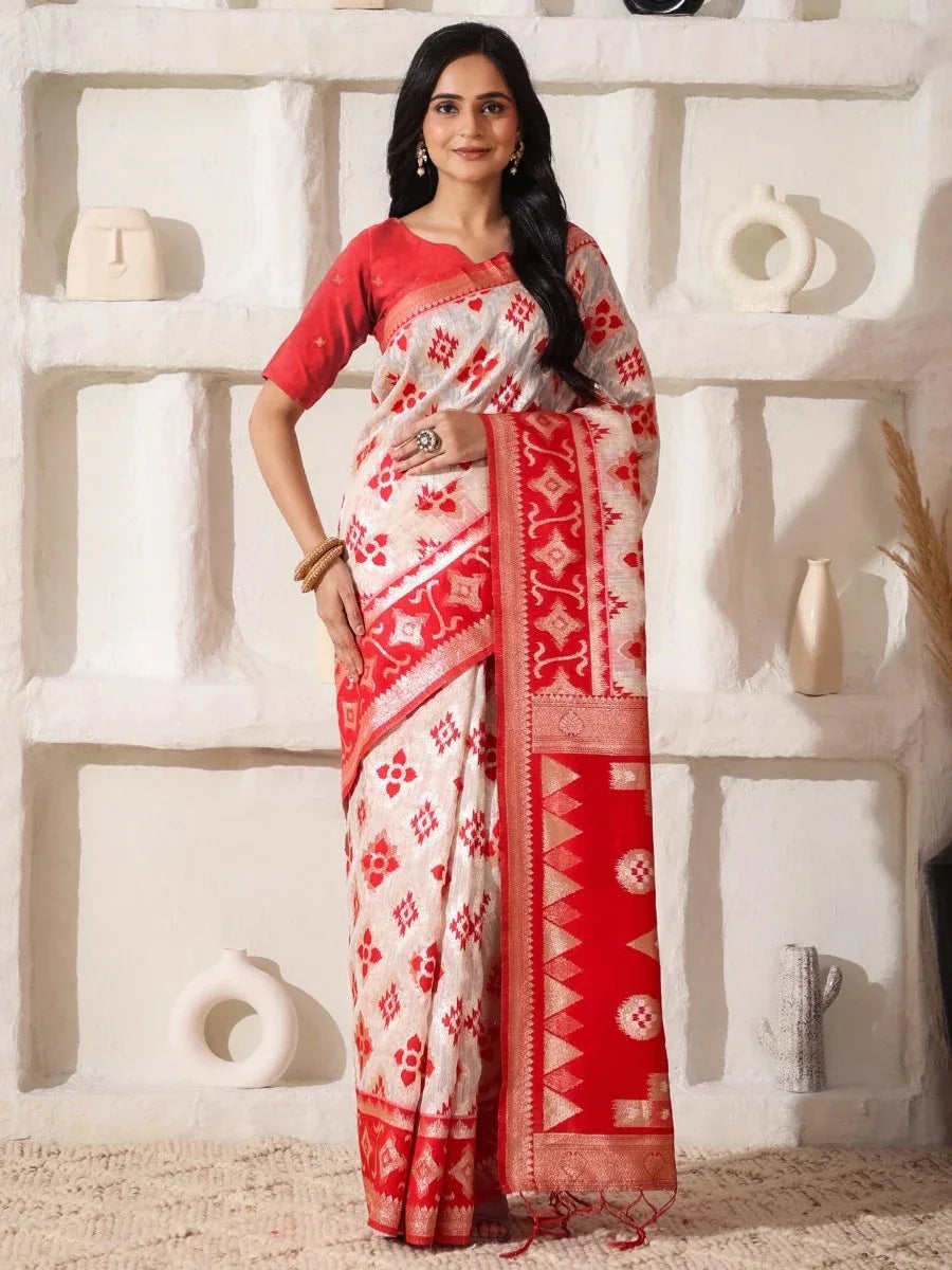 White Linen Cotton Saree With Blouse Piece - EZBER
