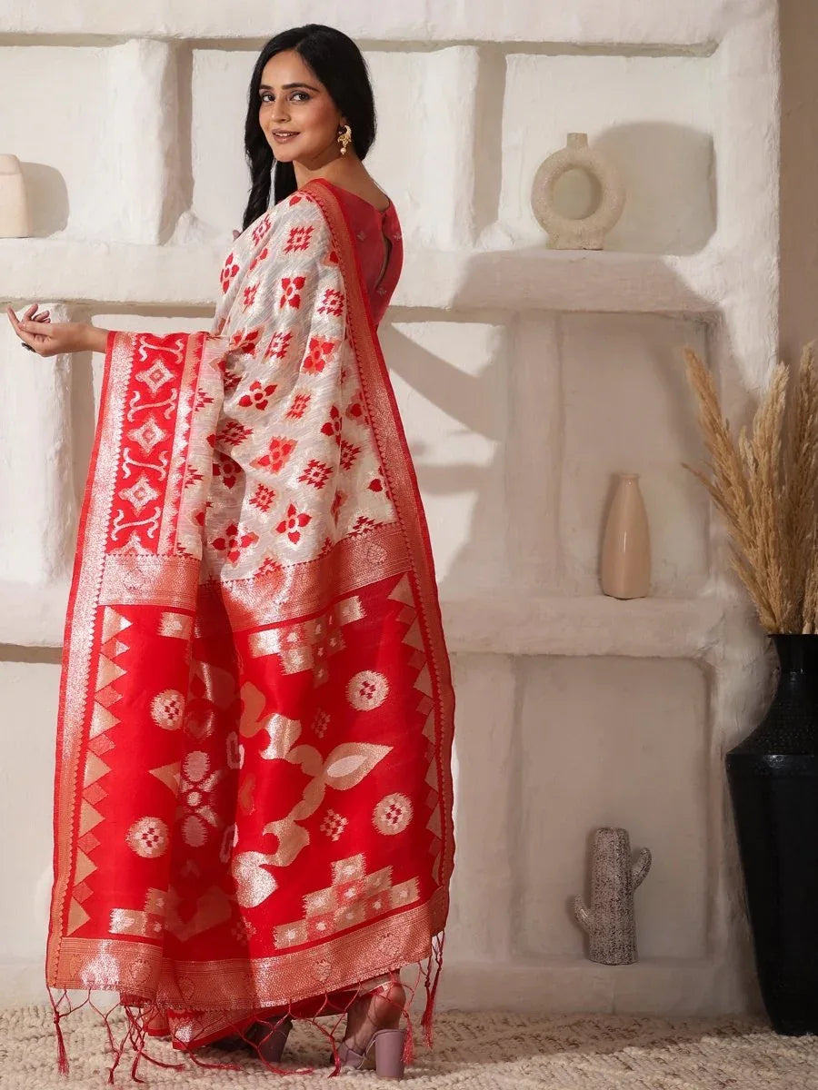 White Linen Cotton Saree With Blouse Piece - EZBER