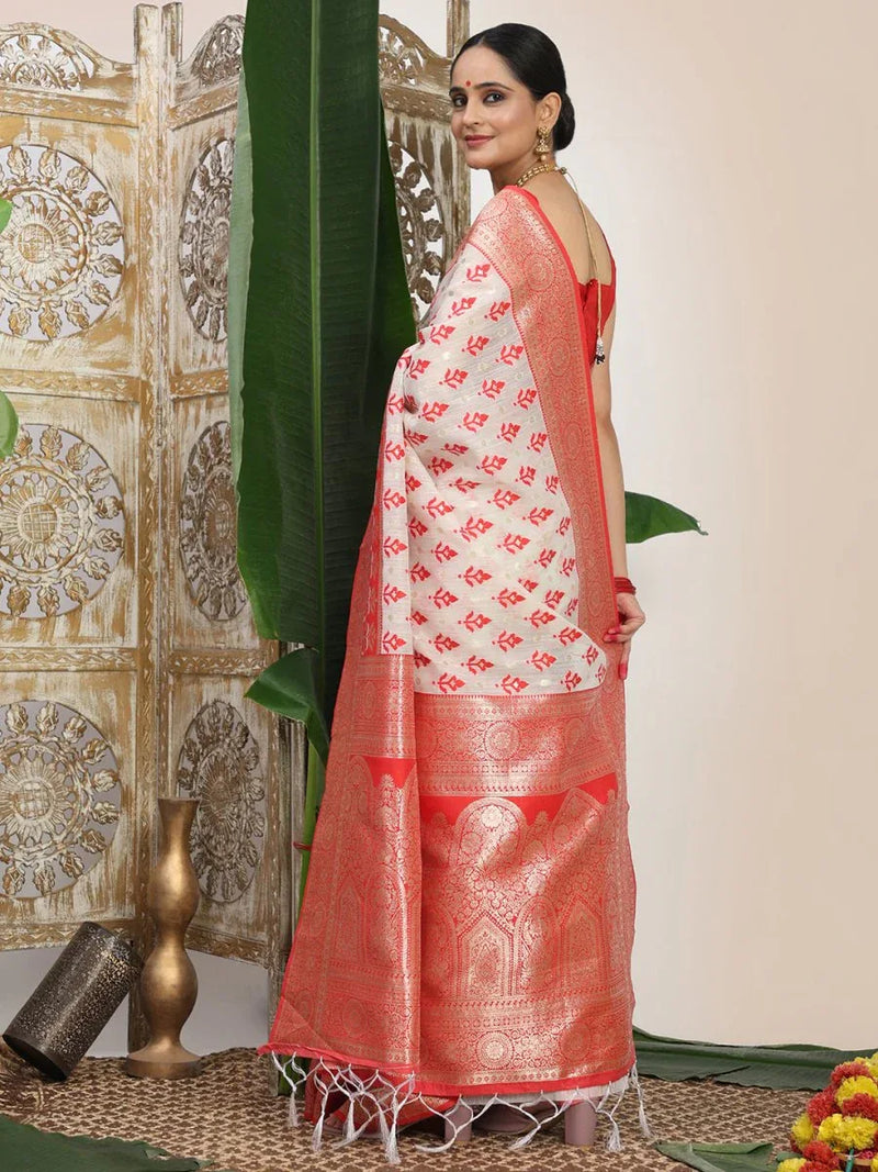 White Linen Cotton Saree With Blouse Piece - EZBER