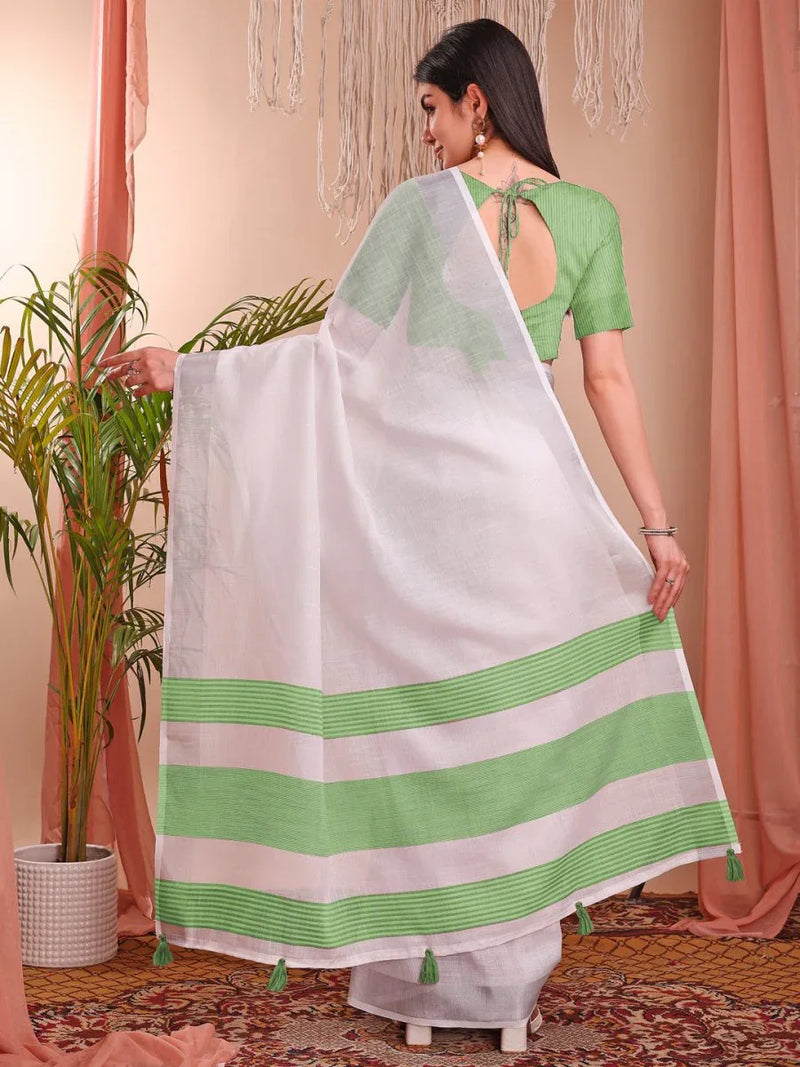 White Linen Cotton Saree With Blouse Piece - EZBER