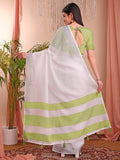 White Linen Cotton Saree With Blouse Piece - EZBER