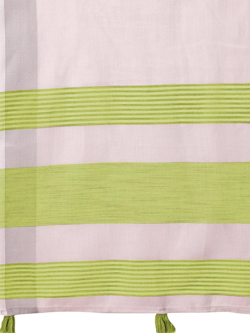 White Linen Cotton Saree With Blouse Piece - EZBER