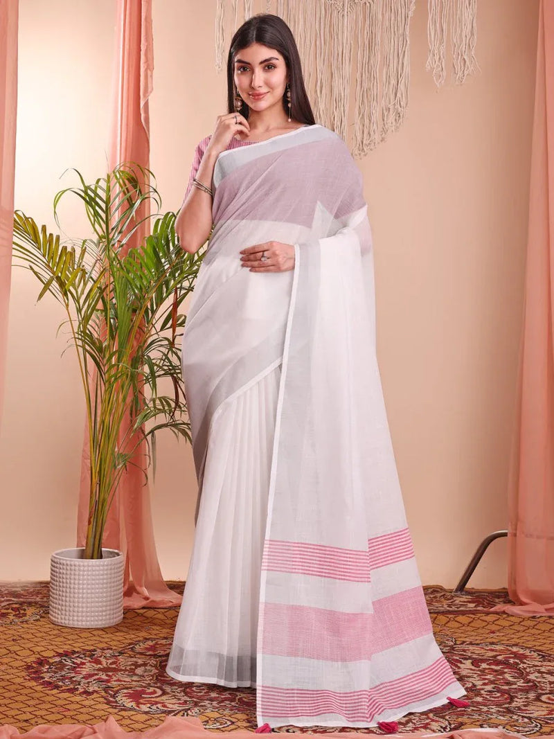 White Linen Cotton Saree With Blouse Piece - EZBER