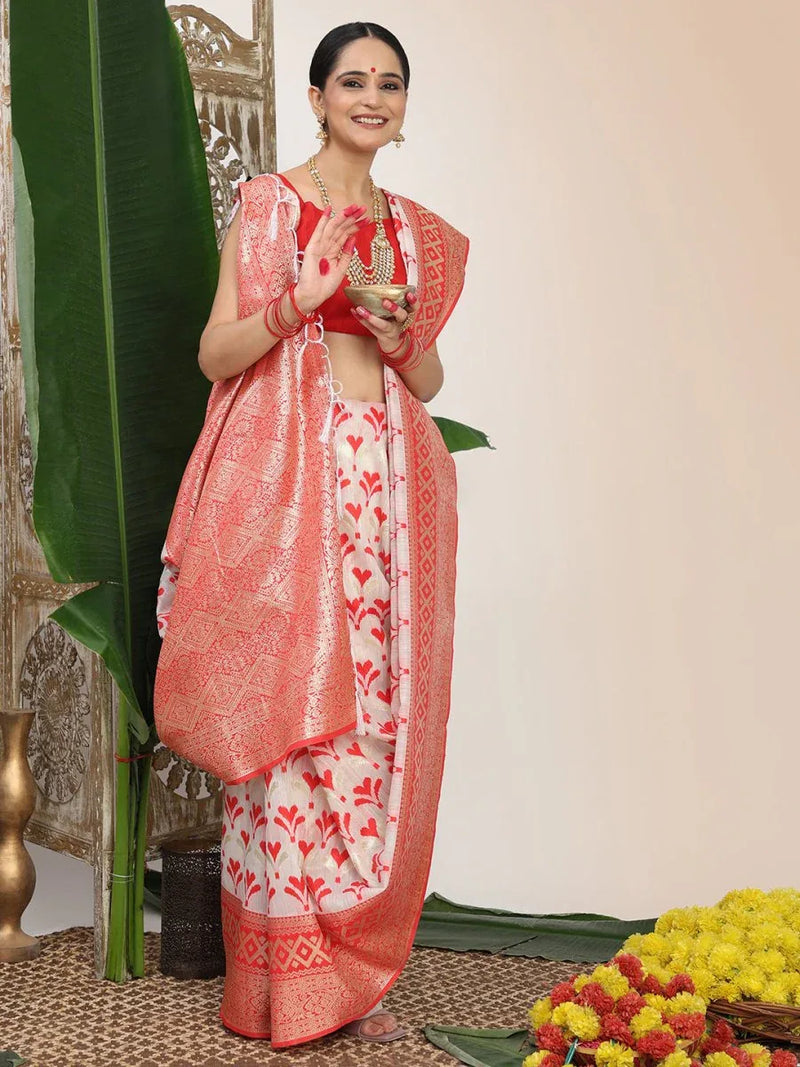 White Linen Cotton Saree With Blouse Piece - EZBER