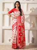 White Linen Cotton Saree With Blouse Piece - EZBER