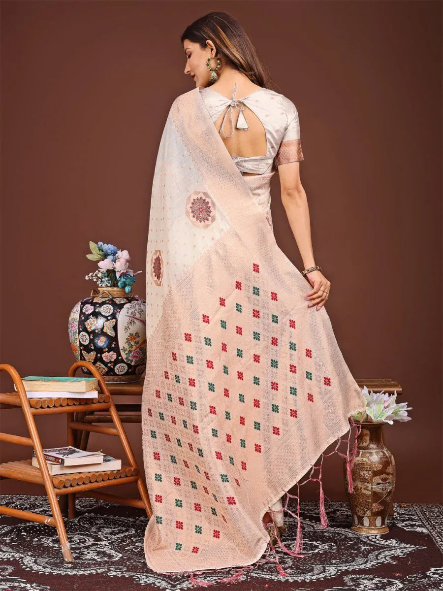 White Linen Cotton Saree With Blouse Piece - EZBER