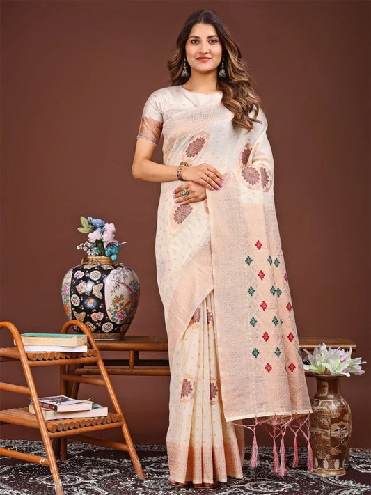 White Linen Cotton Saree With Blouse Piece - EZBER