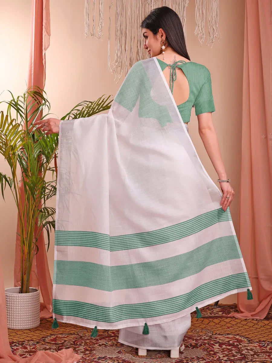 White Linen Cotton Saree With Blouse Piece - EZBER