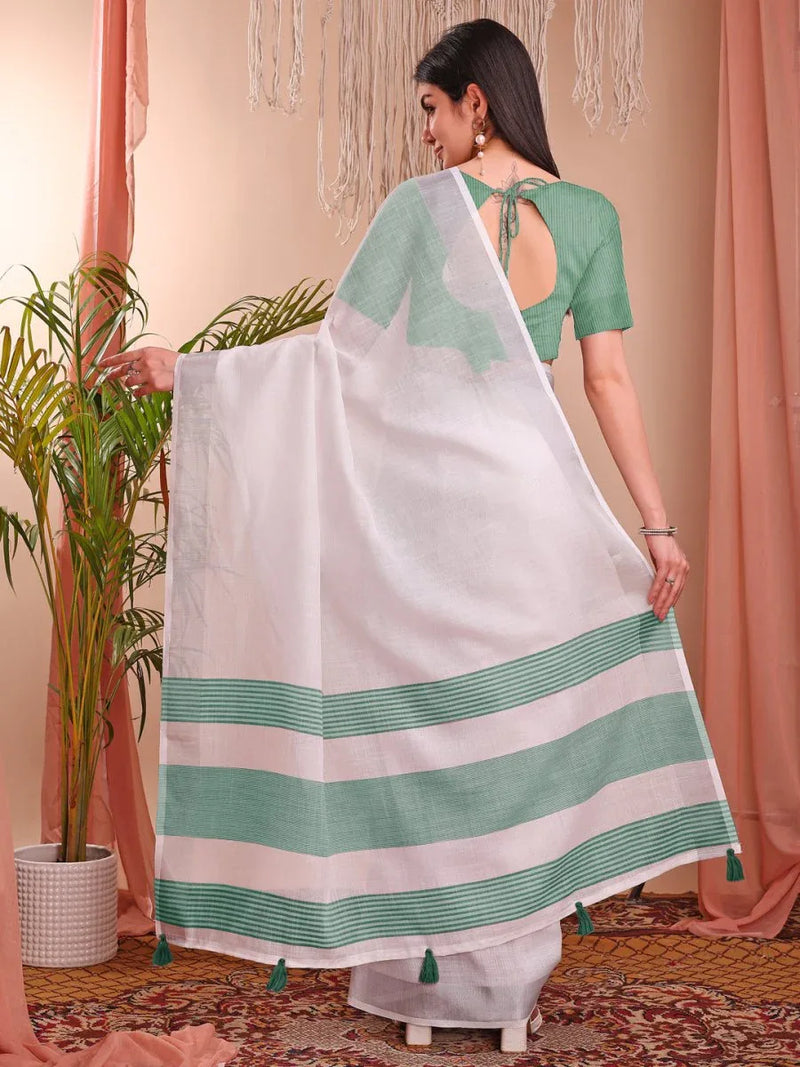 White Linen Cotton Saree With Blouse Piece - EZBER