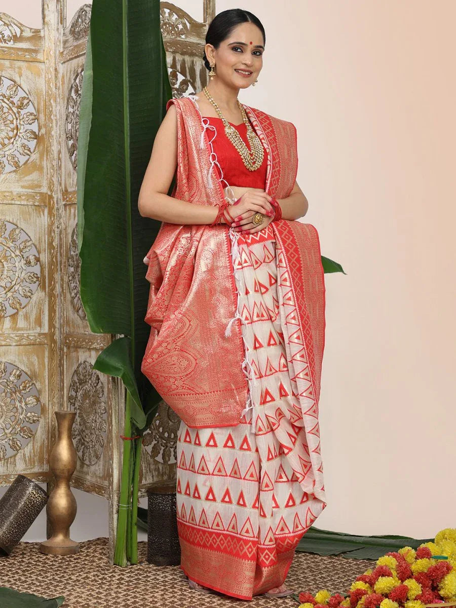 White Linen Cotton Saree With Blouse Piece - EZBER