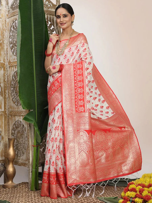 White Linen Cotton Saree With Blouse Piece - EZBER