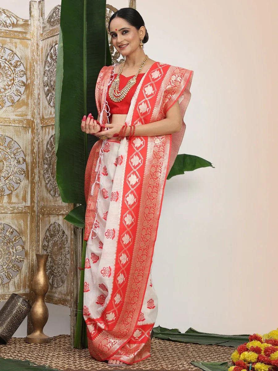 White Linen Cotton Saree With Blouse Piece - EZBER