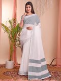 White Linen Cotton Saree With Blouse Piece - EZBER