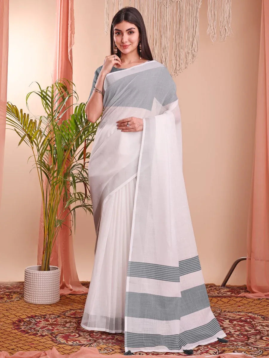 White Linen Cotton Saree With Blouse Piece - EZBER