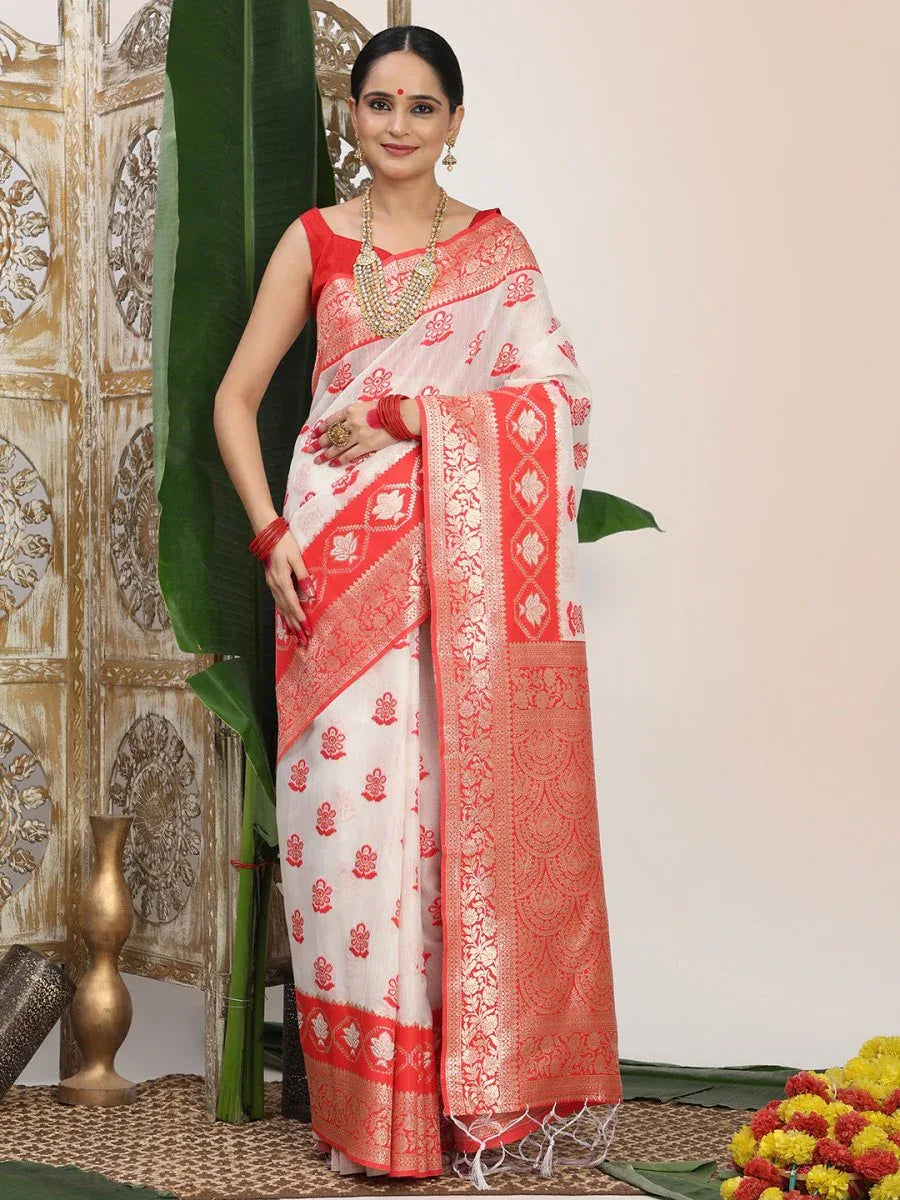 White Linen Cotton Saree With Blouse Piece - EZBER