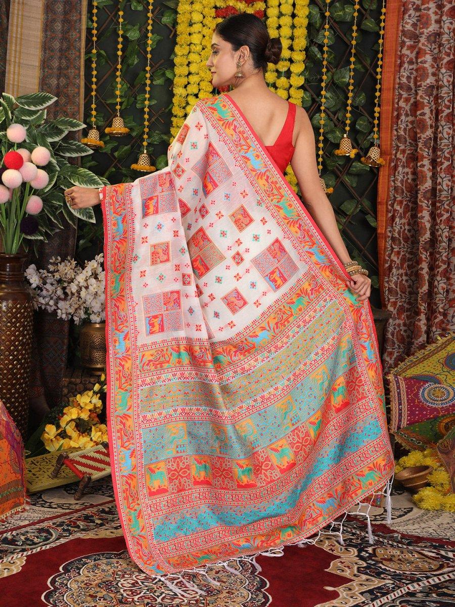 White Linen Cotton Saree With Blouse Piece - EZBER