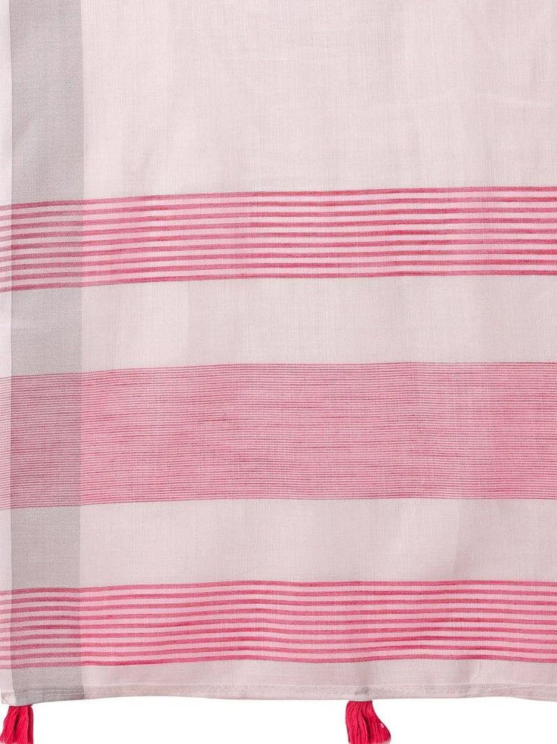 White Linen Cotton Saree With Blouse Piece - EZBER