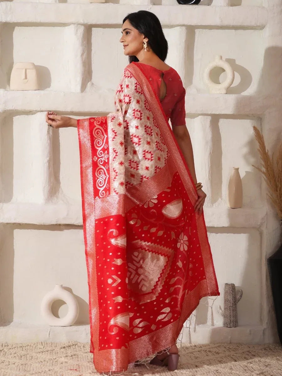 White Linen Cotton Saree With Blouse Piece - EZBER