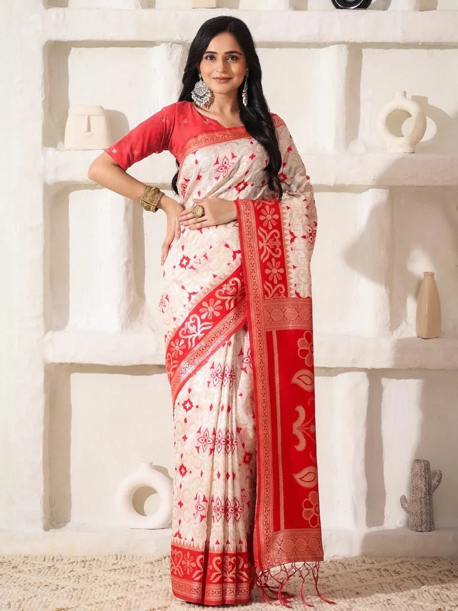White Linen Cotton Saree With Blouse Piece - EZBER