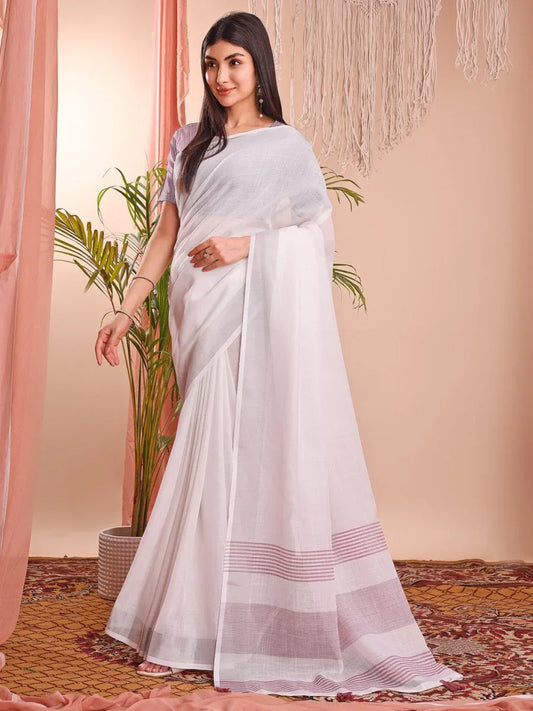 White Linen Cotton Saree With Blouse Piece - EZBER